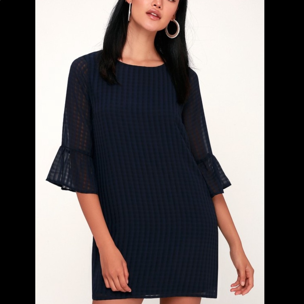 Lulus Navy Blue Flounce Sleeve Shift Dress XS